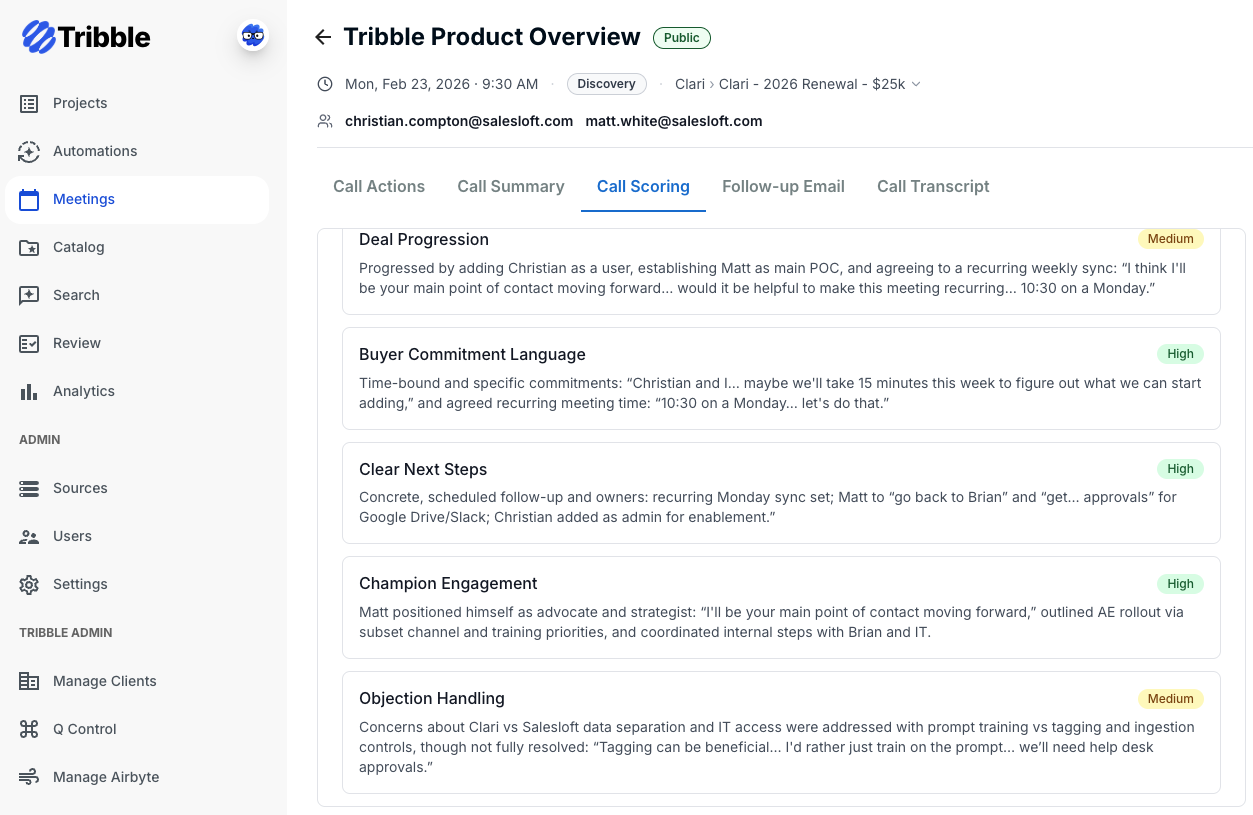 Tribble Engage call scoring view showing deal progression analysis, buyer commitment language assessment, and champion engagement tracking for an active sales opportunity